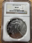 ⭐️1987 Silver Eagle S$1 MS 69 Brown Label NGC ⭐️