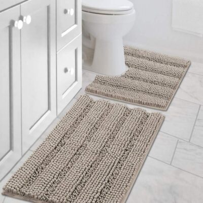 Extra Thick Chenille Bath Mat Set Non Skid Striped Bathroom Rugs Soft Absorbent