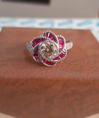 Art Deco Round Lab Created Diamond/Pink Ruby Wedding Ring 14K White Gold Plated