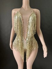 Sparkly Rhinestones SequinsTassel Leotard Nightclub Outfit Singer Dancer Costume