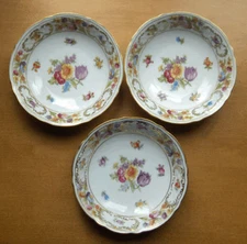 Schumann Bavaria Empress Dresden Flowers 3 fruit bowls~purple tulip~Germany~WWII