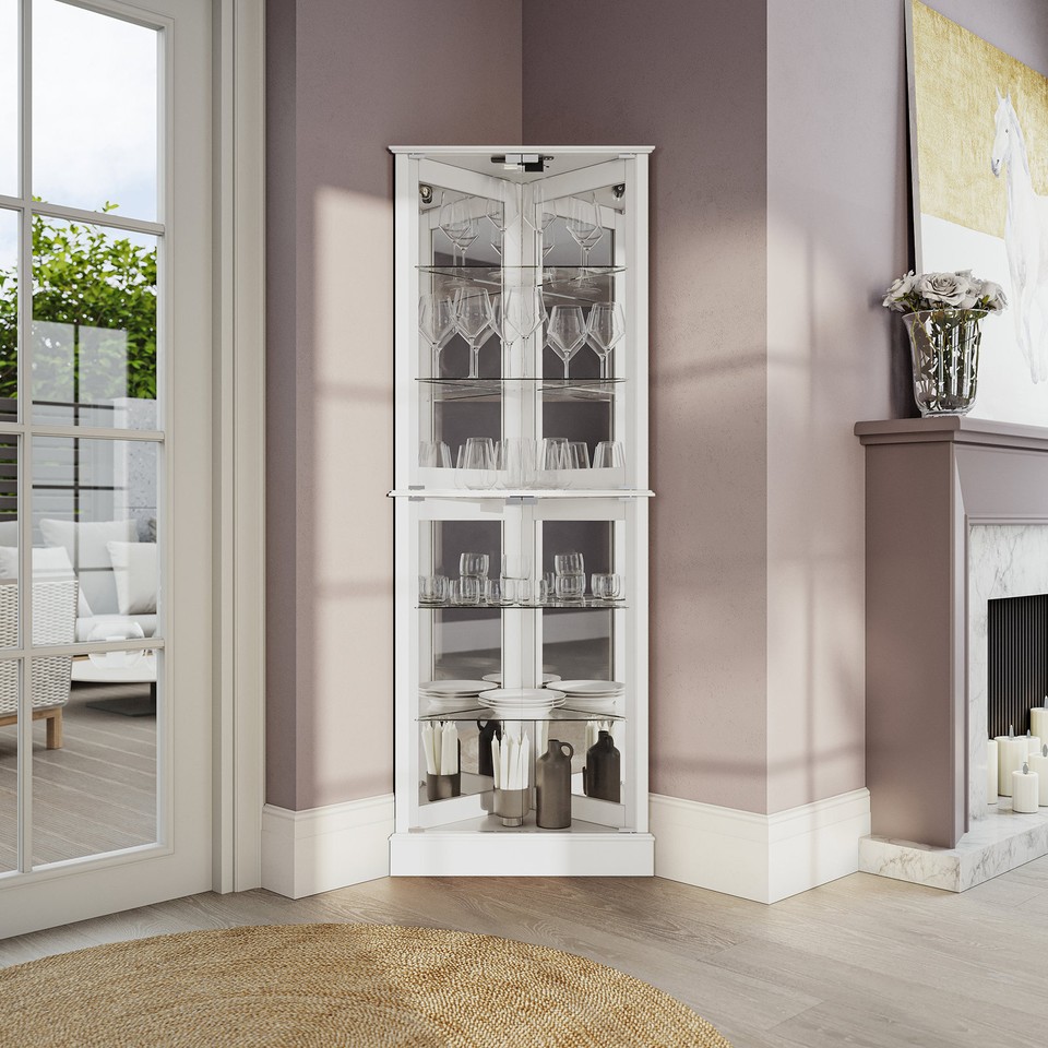 White Lighted Glass 3-Sided Corner Display Curio Cabinet Furniture Home ...
