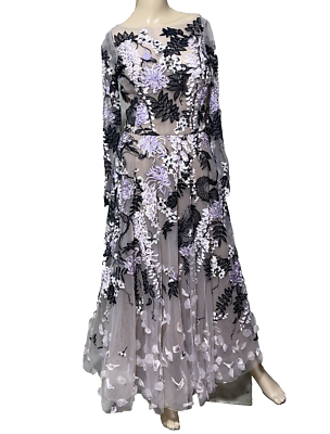 Marchesa Couture Lavender Black Embroidered Floral Tulle Long Gown Dress US  6