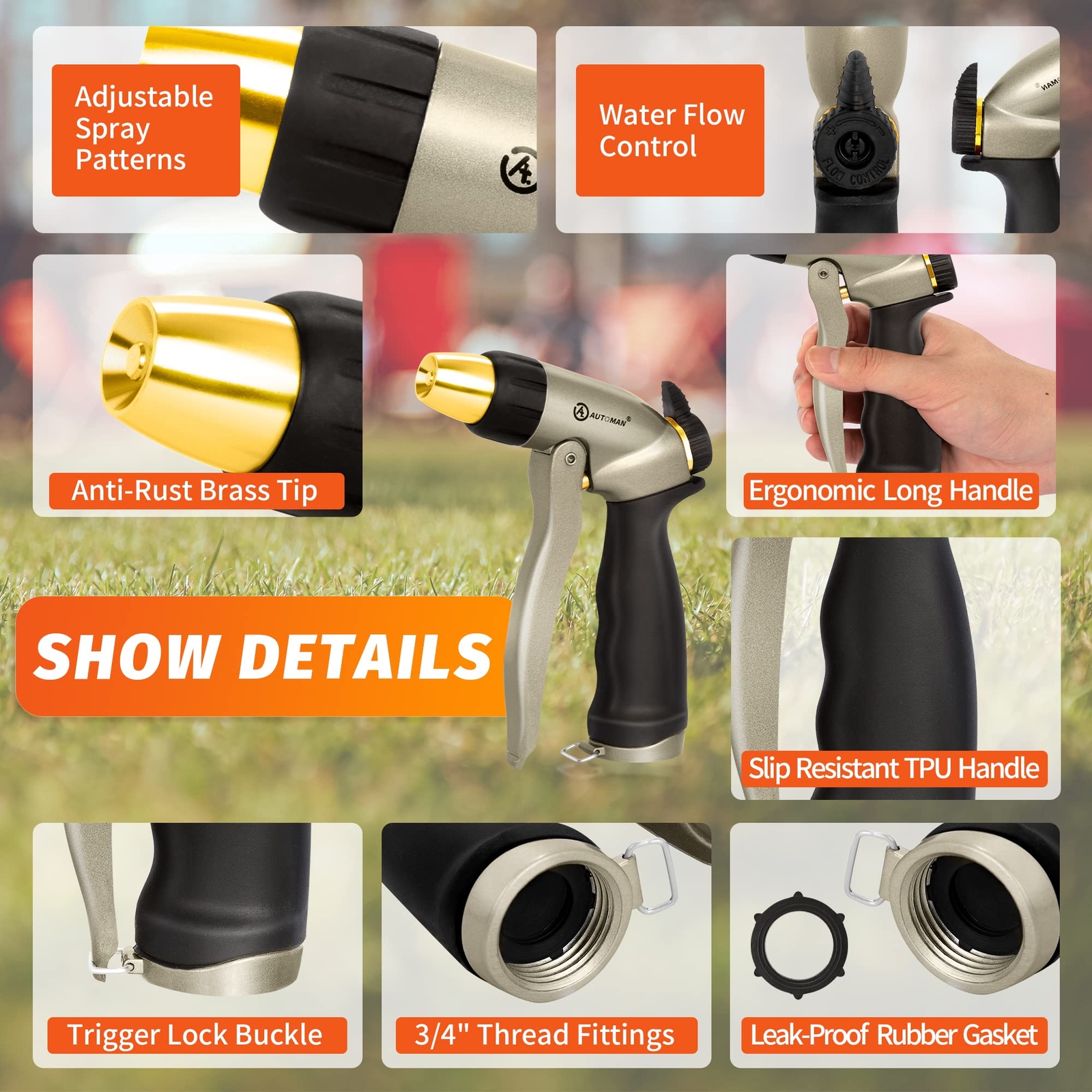 Garden Hose Nozzle 100%Metal High Pressure Spray Nozzle,Adjustable Spray Pattern
