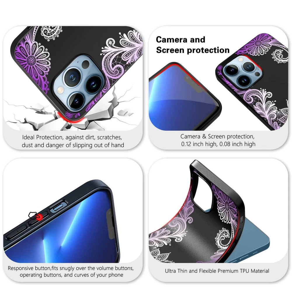 Phone Case For Apple iPhone 14 Pro Max 13 12 15 Flower Lace Protective TPU Cover