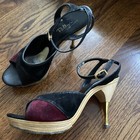 Vintage Polly Of California Genie Mules Heels Tri-Color Suede Sz 9 Ankle Straps