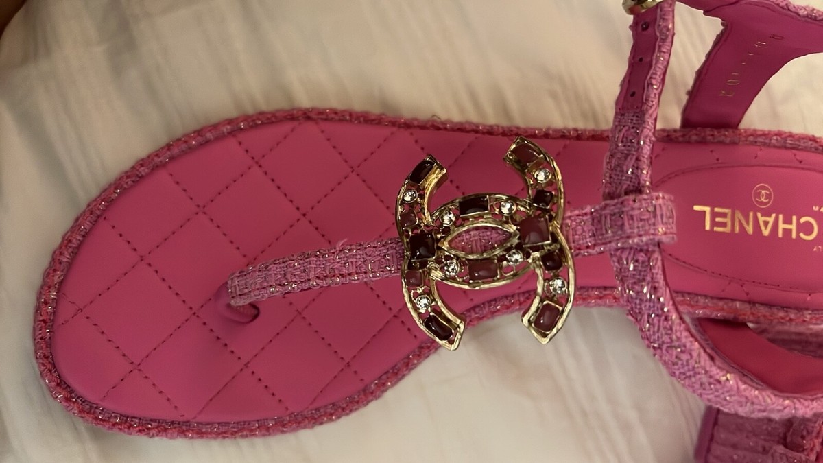 CHANEL Pink Tweed Logo Sandals Sz 38 | eBay