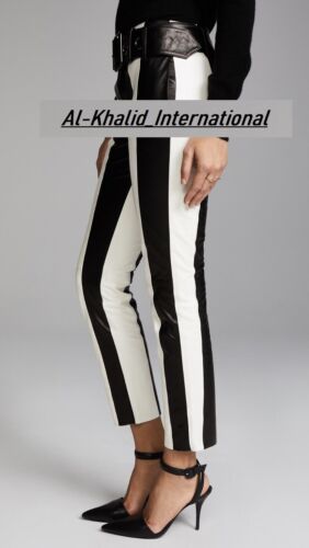 Classic Skinny Black & White Pants Women Slim Fit Formal Real Leather Lambskin - Picture 1 of 6