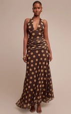 PLT Yellow Polka Dot Chiffon Halterneck Maxi Dress Backless Summer Wedding Party