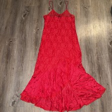 Vintage Red Lace Satin Nylon Midi Slip Dress Lingerie Night Gown Size Medium USA