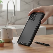 Moto G Play 2024 Black Matte Phone Case with HD Screen Protector and Lanyard