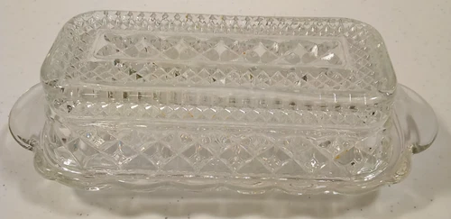 Anchor Hocking Wexford Diamond Pattern Clear Glass Butter Dish w/ Cover Vintage