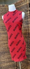 GUESS Glamorotti Red Black Knit Sleeveless Mock Neck Logo Bodycon Dress Size XL