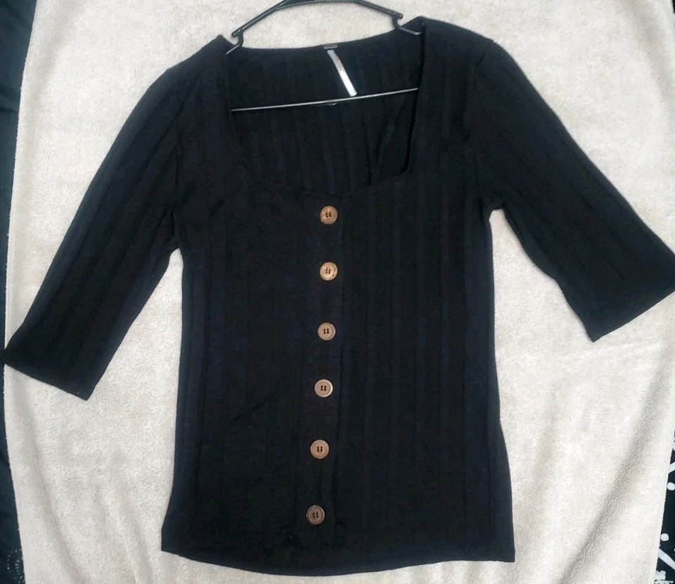 Cardi acanalado Free People Central Park con botones para mujer grande negro manga 3/4 Foto 2 de 4