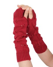 Womens Goth Fingerless Gloves Ripped Knit Wrist Warmers with One Size, Red