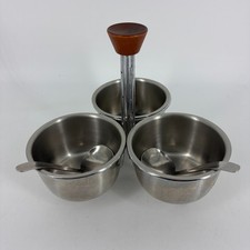 Danish MCM Triple Caddy Condiment Bowls Holders Stainless w Original Spoons