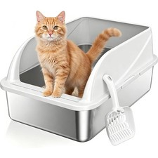 Stainless Steel High-Sided Cat Litter Box with Scoop Medium Open top litter pan