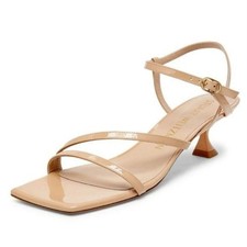 Stuart Weitzman Sandals 10 Nude Cream Patent Leather Oasis Square Toe Made Spain