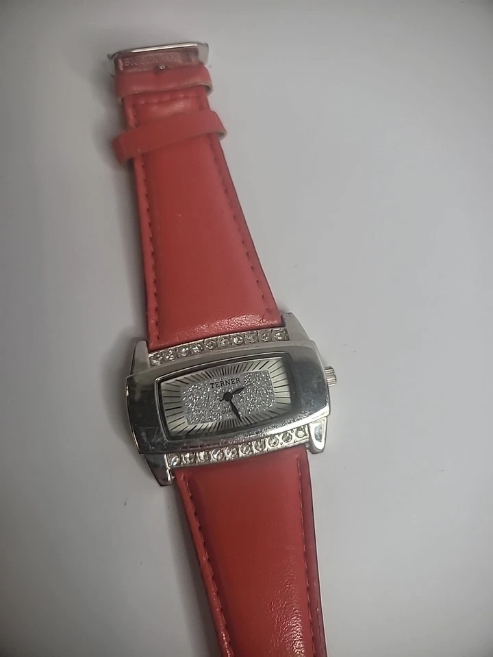 Vintage Bijoux Terner Wristwatch Watch Silver Tone Sparkle Red Band Jewelry - Image 4 of 4