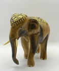 Hand Carved Wooden Elephant Figurine Decorated Tusks Inlay Style Ornament