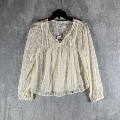 Cupio Women's Blouse Top Lace Boho Peasant Sheer Tank Under S Ivory Metallic