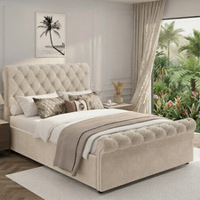 New Stylish Plush Velvet Sleigh Chesterfield Upholstered Designer Bed 4ft6 5ft