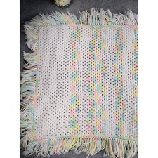 Vintage Handmade Crochet Pastel Rainbow Baby Blanket Fringe Tassel Trim 38x29