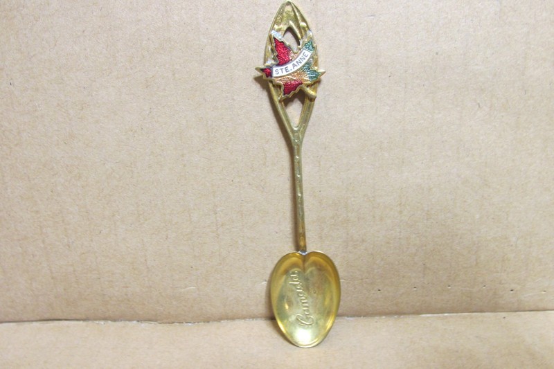 VINTAGE BRASS, ENAMELED STE. ANNE, ENGRAVED CANADA COLLECTOR'S SPOON
