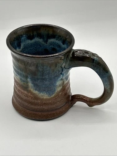 Vtg Hand Thrown Stoneware Studio Art Pottery Coffee Mug - Scaled Handle - Signed