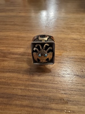 Vintage 1960 925 Sterling and 18K Gold Warrior Face Peru Inca Signet Ring 