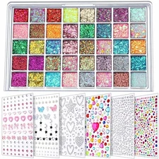  Face Glitter Face Gems, 40 Colors Glitter Gel Palette with 6 Sheets Self 