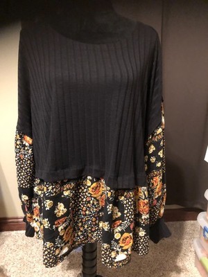 Maurices Women's Long Sleeve Ribbed Upper Knit Top In Black/Floral Multi Size 3X