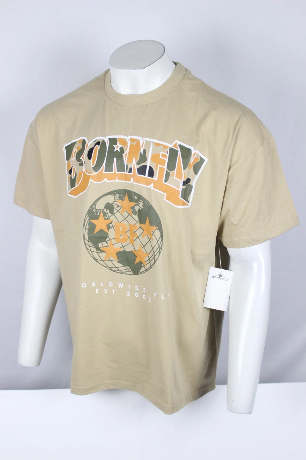 Born Fly Men's T Shirt Short Sleeve Crew Globe Graphic Sand Camo Print