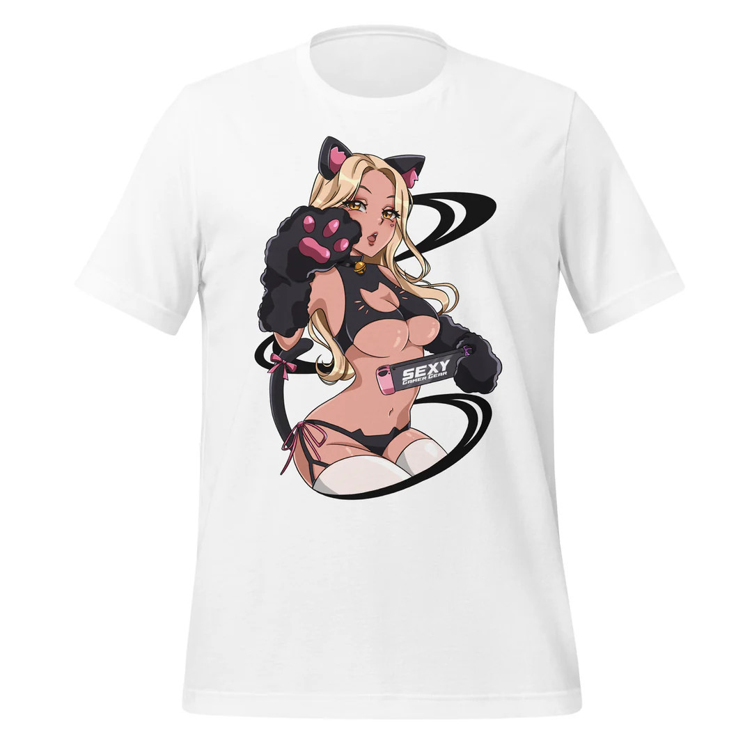 Anime Waifu Bad Kitty White Unisex T-shirt, Gift For Otaku