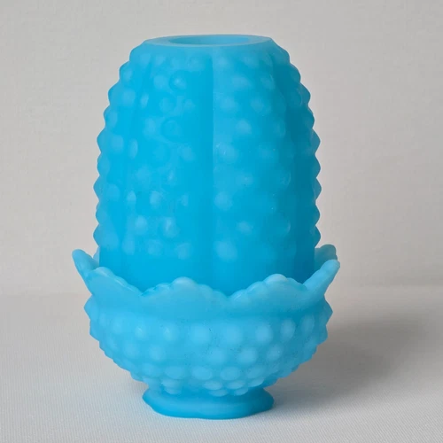 Vtg Fenton Fairy Lamp Hobnail Blue Satin Milk Glass READ Cracked Shade As Is