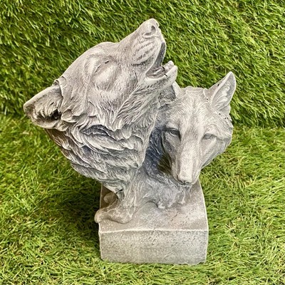 Beton Wolfsköpfe mit Ständer Skulptur Garten Rasen Deko Frostgeschützt