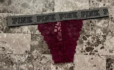 NWT VICTORIA'S SECRET PINK L MAROON LACE THICK LOGO WAISTBAND RARE THONG PANTIES