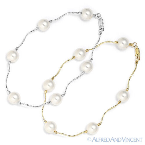 Bracelet perlé femme perle blanche 8 mm en or jaune ou blanc 14 carats - Photo 1 sur 3