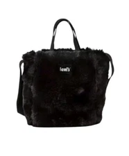Levi’s Mini Icon Tote Handbag Black Faux Fur Crossbody Strap Purse Fuzzy