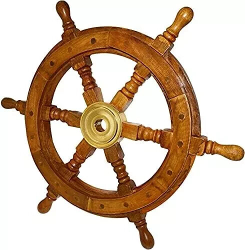 24-Inch Antique Wooden Ship Wheel Wall Decor with Brass Hub Nautical Theme  
