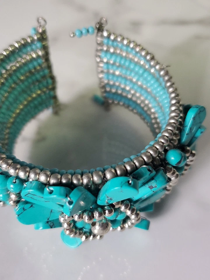 Brazalete Western Boho Azul Imitación Turquesa Flor de Calabaza Flor Brazalete Foto 3 de 4