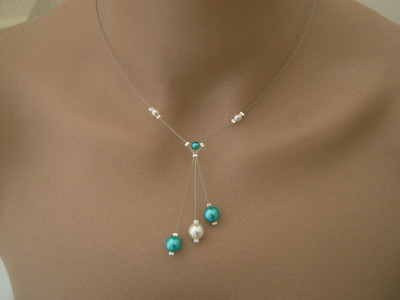 Collier Fantaisie Turquoise Et écru Perles Verre - Robe De Mariée, Soirée