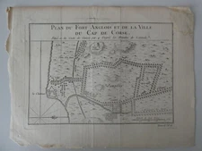 Engraving 18th century circa 1750 English fort plan and the city of Cape Corsica Guinea coast
