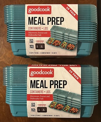 Lot of 2 GoodCook Meal Prep 2 Compartment Large Rectangle Containers + Lids 10ct