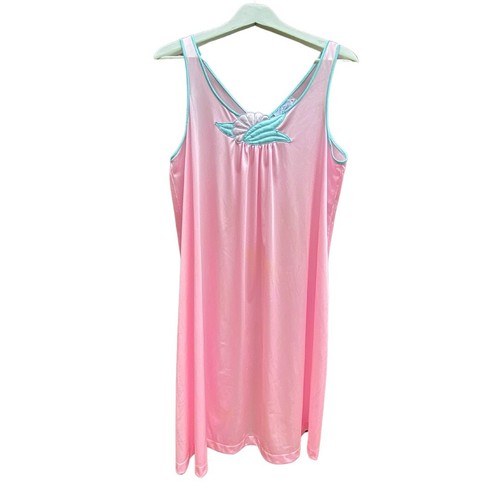 VINTAGE 80s EPITOME NIGHTGOWN PINK TURQUOISE SHELL COTTAGECORE NYLON SMALL/MED