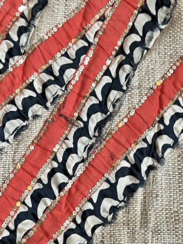 2 Anthropologie Boho Pillow Shams Tan Silk With Orange & Blue Strips & Sequins - Picture 6 of 11
