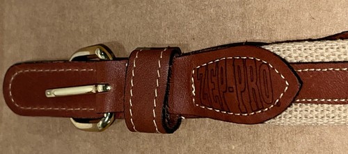 Zep Pro Sz 38 Bradded Brass RedFish Leather & Tan Canvas Belt USA Very Nice! EUC - Picture 3 of 10