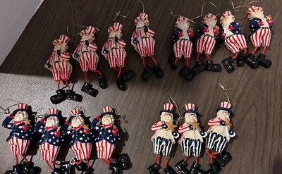 Lot Of 15 Santa/Uncle Sam Christmas Ornaments String Legs Resin Body 4 Designs 