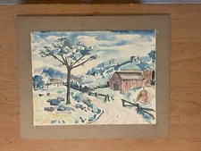 Antique Primitive Folk Art Winter Landscape Watercolor Painting
