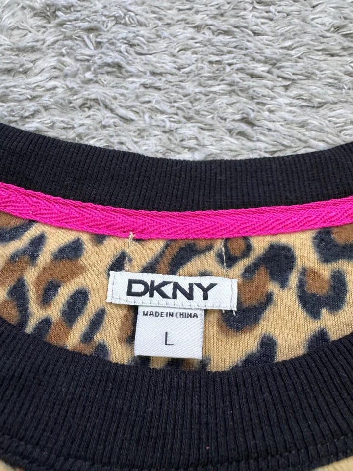 DKNY Sweatshirt Women Large Cheetah Leopard Faux Fur Fleece Crewneck Pullover - Image 3 of 4